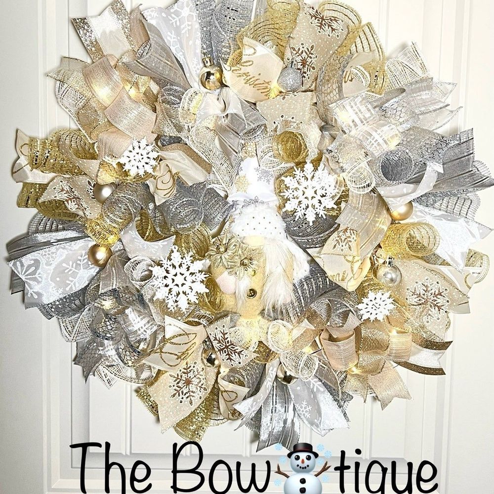 Handmade Christmas Gnome Holiday Ribbon Door Wreath 22 ins W62